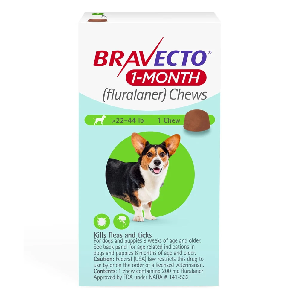 Bravecto 1 Month Chew For Medium Dogs 22 To 44lbs (Green) 1 Chew
