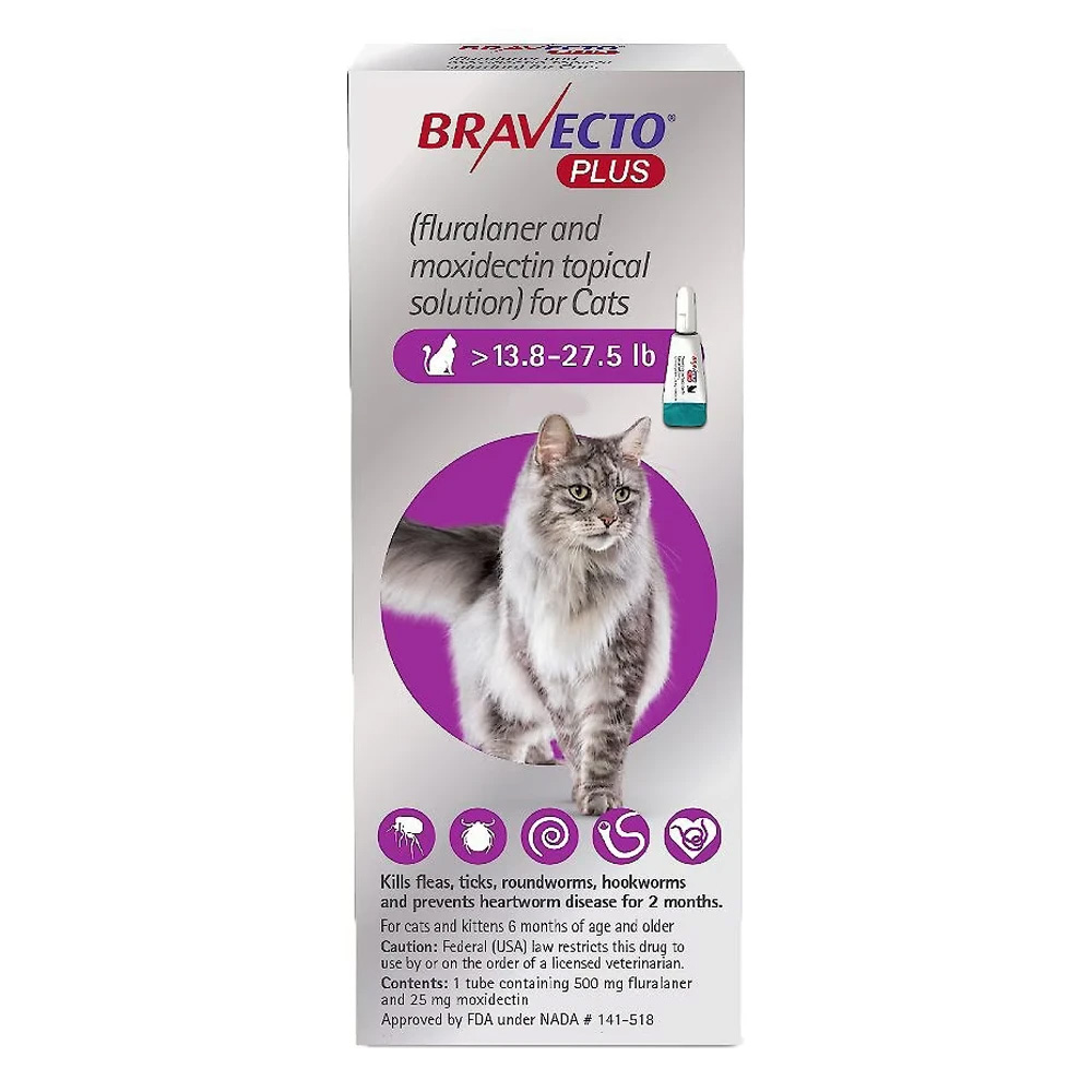 Bravecto Plus For Large Cats 500 Mg (13.75 To 27.5 Lbs) Purple 1 Dose