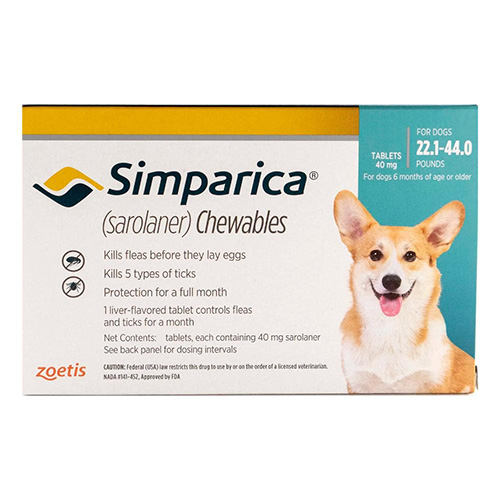 Simparica Oral Flea & Tick Preventive For Dogs 22.1-44 Lbs (Blue) 3 Doses